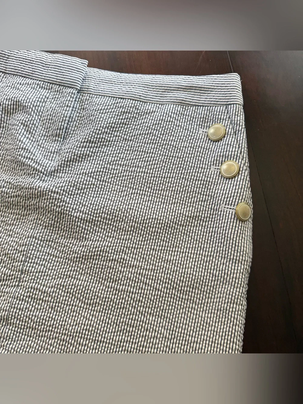 J. Crew White Seersucker Mini Skirt with Gold Buttons